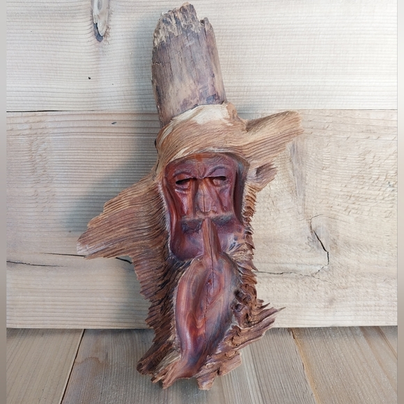 Vintage Wood Spirit Carving Forest Face Tree Wizard Sculpture Artisan - Picture 1 of 7